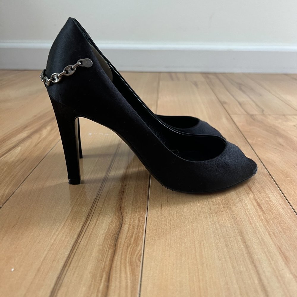 Celine Peep Toe Black Satin Pumps with Chain on Back Size 36.5 $895